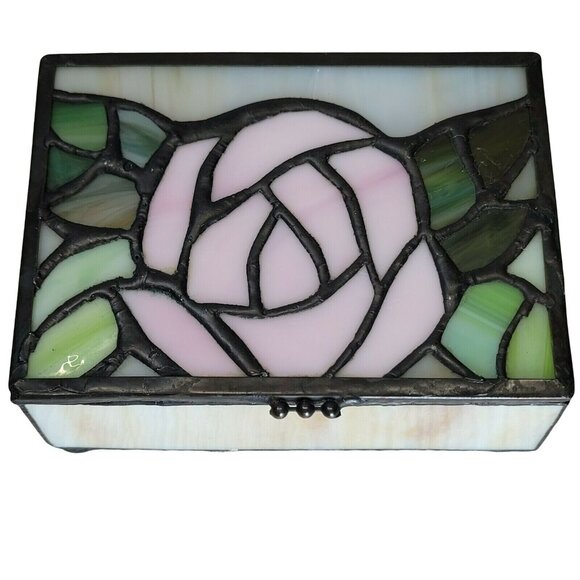 Stained Glass Jewelry Trinket Box Pink Rose Floral Design Keepsake - Picture 1 of 10